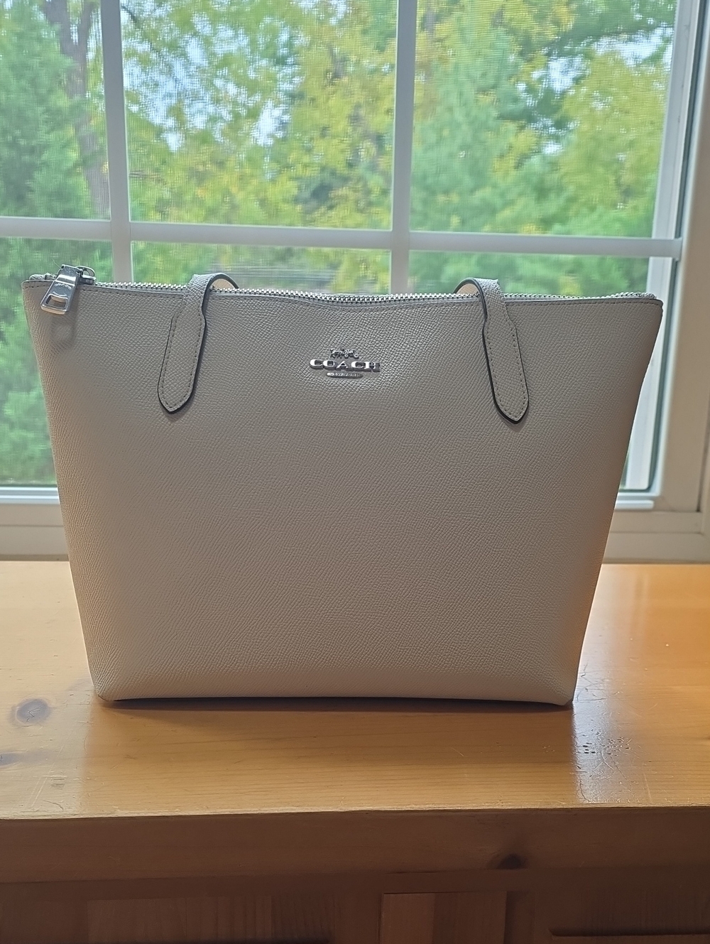 COACH Pebbled Leather Tote in Chalk.